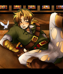Rule 34 | belt, blonde hair, blue eyes, blush, boots, bulge, erection, erection under clothes, fairy, fingerless gloves, gloves, hat, link, male focus, navi, nintendo, penis, pointy ears, shima (alco), tagme, tears, the legend of zelda, torn clothes, tunic, you gonna get raped