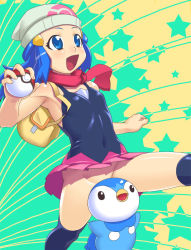 Rule 34 | 1girl, :d, backpack, bag, beanie, blue eyes, blue hair, censored, convenient censoring, convenient head, creatures (company), dawn (pokemon), game freak, gen 4 pokemon, hat, holding, holding poke ball, nintendo, no panties, open mouth, piplup, poke ball, poke ball (basic), pokemon, pokemon (creature), red scarf, scarf, skirt, smile, star (symbol), thighhighs