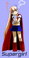 Rule 34 | 1girl, :t, alien, animification, bad id, bad pixiv id, blonde hair, blue eyes, blue skirt, boots, cape, chibi, crop top, dc comics, gloves, kryptonian, long hair, midriff, miniskirt, navel, red cape, red footwear, shoes, skirt, solo, supergirl, superhero costume, superman (series), thought bubble, very long hair, wakino keibun