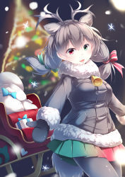Rule 34 | 10s, 1girl, :d, absurdres, animal ear fluff, animal ears, antlers, bell, blurry, blurry background, box, christmas, christmas tree, coat, commentary, deer ears, fur collar, gift, gift box, green eyes, grey hair, grey pantyhose, hair between eyes, hair ribbon, heterochromia, highres, horns, kanzakietc, kemono friends, long hair, looking at viewer, mittens, multicolored clothes, multicolored skirt, open mouth, pantyhose, pleated skirt, red eyes, reindeer (kemono friends), reindeer antlers, ribbon, sack, skirt, sled, smile, solo, winter clothes, winter coat