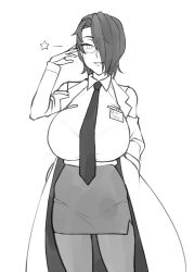 Rule 34 | 1girl, :d, badge, breasts, commentary, english commentary, glasses, greyscale, hair over one eye, hand in pocket, hand up, huge breasts, lab coat, long sleeves, looking at viewer, monochrome, mouth visible through hair, necktie, open mouth, original, pantyhose, pencil skirt, saya (twrlare), shirt, short hair, simple background, skirt, smile, solo, star (symbol), twrlare, white background