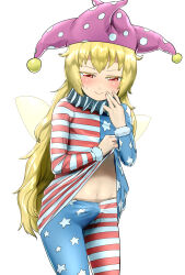 Rule 34 | 1futa, american flag dress, american flag legwear, blonde hair, blush, bulge, clothes lift, clownpiece, dress, dress lift, erection, erection under clothes, futanari, hat, highres, jester cap, long hair, navel, nekobatake, pantyhose, red eyes, smile, solo, sweat, touhou