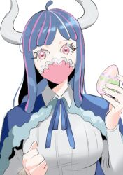 Rule 34 | 1girl, ahoge, blue cape, blue hair, cape, collared shirt, covered mouth, curled horns, dinosaur girl, easter egg, egg, hands up, holding, holding egg, horns, jewelry, long hair, mask, mouth mask, multicolored hair, necklace, one piece, pink eyes, pink hair, pink mask, raine (acke2445), shirt, solo, streaked hair, ulti (one piece), white shirt
