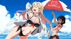 Rule 34 | 10s, 2girls, :3, ^ ^, ahoge, arm behind head, arm up, armpits, beach umbrella, bikini, black bikini, blonde hair, blue eyes, blurry, blush, body blush, braid, breasts, brown hair, cleavage, clenched hand, closed eyes, cloud, copyright name, day, depth of field, groin, hair ornament, hair over shoulder, halterneck, highres, holding, holding umbrella, jacket, kantai collection, long hair, long sleeves, medium breasts, multiple girls, navel, open clothes, open jacket, outdoors, outstretched arm, sarong, shade, shigure (kancolle), shiny skin, sky, swimsuit, umbrella, warabe (waraghi), water, waves, yuudachi (kancolle), | |