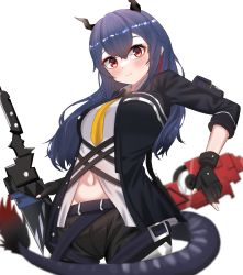 Rule 34 | 1girl, absurdres, arknights, black jacket, black shorts, blue hair, blush, ch&#039;en (arknights), chewycandy, chi xiao (arknights), cowboy shot, dragon girl, dragon horns, dragon tail, groin, highres, holding, holding sword, holding weapon, horns, jacket, long hair, looking at viewer, midriff, navel, necktie, open clothes, open jacket, red eyes, shirt, shorts, simple background, smile, solo, sword, tail, weapon, white background, white shirt, yellow necktie
