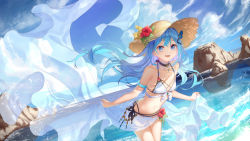 Rule 34 | 1girl, :d, bare shoulders, bikini, black choker, blue eyes, blue hair, blue sky, breasts, brown hat, choker, cloud, commentary request, day, eyebrows hidden by hair, floating hair, flower, hair between eyes, hair ornament, hairclip, hat, hat flower, heart, heart hair ornament, highres, horizon, leaning forward, long hair, looking at viewer, open mouth, original, outdoors, red flower, saraki, see-through, sky, small breasts, smile, solo, standing, straw hat, swimsuit, very long hair, water, white bikini