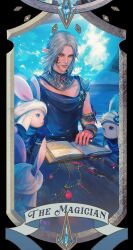 Rule 34 | 1boy, 3others, androgynous, animal ears, armlet, black robe, blue eyes, book, book on lap, bracelet, collar, commentary, cowboy shot, elezen, elf, english commentary, facial tattoo, final fantasy, final fantasy xiv, from above, grey hair, highres, jewelry, jingjue de yumiao, loporrit, male focus, metal collar, multiple others, open book, parted lips, planet, pointy ears, rabbit ears, robe, short hair, sideburns, sitting, smile, tarot, tarot (medium), tattoo, the magician (tarot), turban, urianger augurelt, whiskers, white headwear, yellow eyes