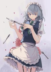 Rule 34 | 1girl, apron, blue eyes, blue hair, blue skirt, blue vest, braid, breasts, closed mouth, commentary request, cowboy shot, expressionless, eyebrows hidden by hair, flower, fork, frilled apron, frills, garter straps, green necktie, holding, holding knife, holding utensil, izayoi sakuya, knife, looking at viewer, maid, maid headdress, medium hair, necktie, ookashippo, petals, puffy short sleeves, puffy sleeves, red flower, shirt, short sleeves, simple background, skirt, small breasts, solo, spoon, touhou, twin braids, vest, waist apron, white apron, white shirt
