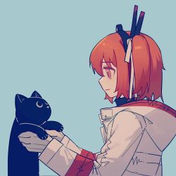 Rule 34 | 1girl, a.i. voice, absurdres, adachi rei, animal, black cat, blue background, cat, closed mouth, commentary, expressionless, from side, ganezugarrrrr, gloves, headlamp, highres, holding, holding animal, holding cat, hood, hood down, hooded jacket, jacket, long sleeves, looking at animal, one side up, orange eyes, orange hair, profile, radio antenna, short hair, simple background, solo, symbol-only commentary, turtleneck, upper body, utau, white gloves, white jacket
