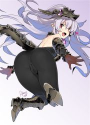 Rule 34 | 1girl, armor, ass, ass focus, bare shoulders, bodysuit, boots, breastplate, cameltoe, cleft of venus, elbow gloves, fat mons, full body, gloves, granblue fantasy, hair between eyes, headpiece, light purple hair, long hair, looking at viewer, medusa (shingeki no bahamut), open mouth, pointy ears, red eyes, rkrk, shingeki no bahamut, signature, simple background, skin tight, sleeveless, smile, solo, tail, twitter username, very long hair