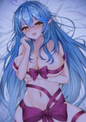 Rule 34 | 1girl, absurdres, arm under breasts, blue hair, blush, breasts, hair between eyes, highres, hololive, large breasts, long hair, looking at viewer, mito soosu, navel, open mouth, pointy ears, ribbon, solo, virtual youtuber, yellow eyes, yukihana lamy