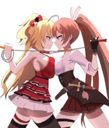 Rule 34 | 2girls, ahoge, akai haato, akai haato (gothic lolita), angelchama, animal collar, asymmetrical docking, belt, blonde hair, blue eyes, breast press, breasts, brown corset, brown eyes, brown hair, chain, chain leash, collar, corset, dagger, dress, eye contact, feather hair ornament, feathers, frilled skirt, frills, hair ornament, hair ribbon, highres, holding, holding leash, hololive, hololive english, knife, large breasts, leash, leash pull, long hair, looking at another, multicolored hair, multiple girls, nanashi mumei, nanashi mumei (1st costume), official alternate costume, pleated skirt, ponytail, red collar, red dress, red skirt, ribbon, shirt, single thighhigh, skirt, smile, streaked hair, thigh strap, thighhighs, twintails, very long hair, virtual youtuber, weapon, white shirt, yellow collar