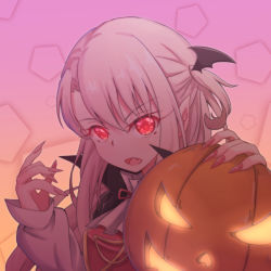 Rule 34 | 1girl, absurdres, black cape, cape, commentary, english commentary, fang, fate/kaleid liner prisma illya, fate (series), fingernails, glowing, glowing eyes, hair between eyes, halloween, hands up, highres, illyasviel von einzbern, jack-o&#039;-lantern, light brown hair, long fingernails, long hair, long sleeves, looking at viewer, nail polish, one side up, open mouth, pink nails, red eyes, sharp fingernails, shirt, sleeves past wrists, solo, upper body, white shirt, wing hair ornament, zongren