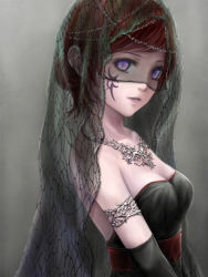 Rule 34 | 1girl, armlet, bare shoulders, black dress, brown hair, dress, facial hair, facial tattoo, gradient background, grey background, hair ornament, headdress, jewelry, looking at viewer, mask, necklace, nuwanko, original, purple eyes, see-through, short hair, solo, tattoo, upper body, veil
