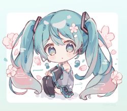 Rule 34 | 1girl, :o, aqua eyes, aqua hair, aqua necktie, black skirt, black thighhighs, blush, border, cherry blossoms, chibi, colored tips, commentary request, detached sleeves, grey shirt, hair between eyes, hatsune miku, long hair, looking at viewer, miku day, multicolored hair, necktie, pleated skirt, sencha (senta 10), shirt, sitting, skirt, sleeveless, sleeveless shirt, solo, thighhighs, twintails, vocaloid