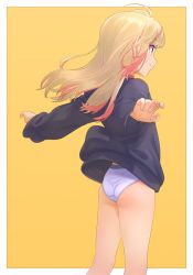 Rule 34 | 1girl, ahoge, aqua nails, ass, black sweater, border, collar, feet out of frame, floating hair, grey hair, hair down, highres, long hair, long sleeves, makaino ririmu, multicolored hair, nail polish, nijisanji, no pants, outstretched arms, panties, pink hair, pointy ears, profile, red collar, red eyes, sabamen, simple background, smile, solo, streaked hair, sweater, two-tone hair, underwear, virtual youtuber, white border, white panties