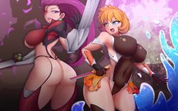 Rule 34 | 2girls, absurdres, armpits, ass, assless bodysuit, back, backless outfit, bare shoulders, breasts, cleavage cutout, clothing cutout, cosplay, covered navel, creatures (company), cucarachaaa, dagger, fishnets, game freak, gen 2 pokemon, green eyes, highleg, highleg leotard, highres, holding, holding dagger, holding knife, holding weapon, huge ass, huge breasts, igawa sakura, igawa sakura (cosplay), jessie (pokemon), knife, large breasts, leotard, linea alba, long hair, looking at another, looking back, misty (pokemon), multiple girls, navel, nintendo, nipples, oboro (taimanin asagi), oboro (taimanin asagi) (cosplay), open mouth, orange hair, pokemon, pokemon (anime), pokemon (classic anime), pokemon hgss, purple eyes, purple hair, showgirl skirt, sideboob, smile, taimanin (series), thick thighs, thighhighs, thighs, underboob, weapon
