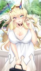 Rule 34 | 1girl, absurdres, blonde hair, blush, breasts, choker, cleavage, collarbone, dress, barghest (fate), fate/grand order, fate (series), green eyes, heterochromia, highres, horns, kubomi 943, large breasts, leaning forward, long hair, looking at viewer, open mouth, red eyes, short sleeves, solo, white dress