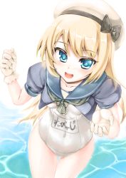 Rule 34 | 1girl, asaga aoi, blonde hair, blue eyes, blue sailor collar, cowboy shot, gloves, hat, jervis (kancolle), kantai collection, long hair, looking at viewer, name tag, one-piece swimsuit, open mouth, round teeth, sailor collar, sailor hat, school swimsuit, short sleeves, smile, solo, swimsuit, teeth, upper teeth only, water, white background, white gloves, white hat, white one-piece swimsuit, white school swimsuit