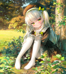 Rule 34 | 1girl, absurdres, beret, blush, bow, chen bin, closed mouth, day, dress, frilled dress, frilled shirt collar, frills, full body, grass, green eyes, grey hair, hand on own leg, hat, hat bow, highres, knees up, long hair, long sleeves, looking at viewer, no shoes, original, outdoors, pantyhose, plant, sitting, smile, solo, tree, very long hair, white pantyhose