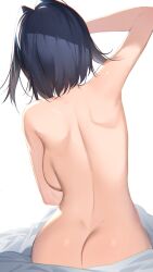Rule 34 | 1girl, arm up, ass, backboob, bed sheet, bingsardina, black hair, breasts, butt crack, commentary, dimples of venus, english commentary, from behind, highres, hololive, hololive english, large breasts, medium hair, nude, ouro kronii, shoulder blades, sideboob, simple background, solo, virtual youtuber, white background