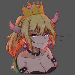 Rule 34 | 1girl, bare shoulders, black dress, blonde hair, blue eyes, bowsette, breasts, cleavage, closed mouth, collar, collarbone, crown, dress, earrings, fang, fang out, from side, grey background, hair between eyes, horns, jewelry, large breasts, light smile, looking at viewer, mario (series), new super mario bros. u deluxe, nintendo, omerin, pointy ears, simple background, sketch, smug, solo, spiked collar, spiked shell, spikes, strapless, strapless dress, super crown, thick eyebrows, turtle shell, upper body