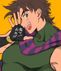 Rule 34 | 1boy, :d, battle tendency, blush, brown hair, carota327, fang, fingerless gloves, gloves, green eyes, highres, jojo no kimyou na bouken, joseph joestar, joseph joestar (young), male focus, multicolored clothes, multicolored scarf, open mouth, pectorals, pink scarf, purple scarf, scarf, shirt, sleeveless, sleeveless turtleneck, smile, solo, striped clothes, striped scarf, tight clothes, tight shirt, tight top, turtleneck, vertical-striped clothes, vertical-striped scarf