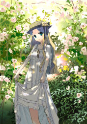 Rule 34 | 1girl, bad id, bad pixiv id, blonde hair, blue eyes, bow, bush, clothes lift, dappled sunlight, dress, dress lift, flower, hat, lifting own clothes, looking at viewer, murohime oruko, nature, original, shade, skirt, skirt lift, smile, solo, straw hat, sundress, sunlight, tree shade