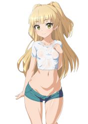 Rule 34 | 10s, 1girl, blonde hair, breasts, covered erect nipples, fuchitoro, green eyes, hair bobbles, hair ornament, idolmaster, idolmaster cinderella girls, jougasaki rika, long hair, looking at viewer, nipples, see-through, short shorts, shorts, simple background, small breasts, smile, solo, two side up, wet, wet clothes, white background