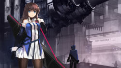 Rule 34 | 1girl, asymmetrical gloves, bad id, bad pixiv id, bare shoulders, black gloves, black pantyhose, blue eyes, brown hair, choker, collar, copyright name, detached sleeves, dress, gloves, highres, long hair, looking at viewer, pantyhose, pixiv fantasia, pixiv fantasia t, signature, solo, swd3e2, uneven gloves