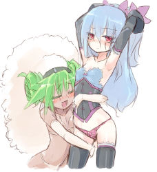 Rule 34 | 2girls, armpits, arms up, bad id, bad pixiv id, blue hair, blush, breasts, closed eyes, cosplay, covered erect nipples, creatures (company), elbow gloves, facial mark, game freak, gen 5 pokemon, gloves, green hair, homura subaru, hydreigon, long hair, multiple girls, nintendo, open mouth, panties, personification, pink panties, pokemon, pokemon bw, red eyes, simple background, small breasts, smile, thighhighs, underwear, whimsicott, white background, yuri
