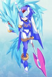 Rule 34 | 1girl, android, blue eyes, creature, extra eyes, highres, holding, holding spear, holding weapon, fairy leviathan (mega man), looking up, omeehayo, polearm, red eyes, robot, mega man (series), mega man zero (series), solo, spear, weapon