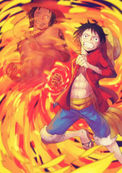 Rule 34 | 1boy, 2boys, absurdres, brothers, clenched hand, fighting stance, fire, ghost, highres, long sleeves, remembering, mino cat, monkey d. luffy, multiple boys, one piece, open clothes, open shirt, portgas d. ace, red shirt, sash, scar, shirt, siblings, stampede string
