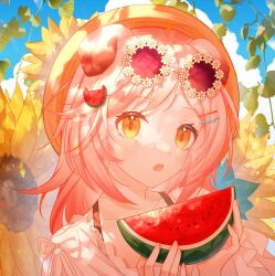 Rule 34 | 1girl, animal ears, arknights, blue sky, braid, brown headwear, cat ears, cloud, cloudy sky, commentary request, day, eyewear on head, flower, food, fruit, goldenglow (arknights), goldenglow (summer flowers) (arknights), hair ornament, hairclip, highres, holding, holding food, liuyoumu, long hair, looking at viewer, outdoors, parted bangs, pink hair, red-tinted eyewear, shirt, sky, solo, sunflower, sunglasses, tinted eyewear, upper body, watermelon, watermelon slice, white flower, white shirt, yellow eyes, yellow flower