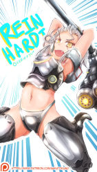 Rule 34 | 1girl, aged down, armor, armored boots, boots, character name, commentary, fang, from below, genderswap, genderswap (mtf), hammer, highres, holding, holding above head, holding weapon, jumping, looking at viewer, midriff, motion lines, nakatokung, navel, open mouth, overwatch, overwatch 1, reinhardt (overwatch), short hair, solo, stomach, watermark, weapon, web address, white hair, yellow eyes