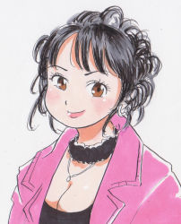 Rule 34 | 1girl, black hair, black shirt, blush, breasts, brown eyes, cleavage, collarbone, fur collar, hair bun, highres, jacket, jewelry, looking at viewer, marup, medium breasts, necklace, open clothes, open jacket, pink jacket, real life, shirt, single hair bun, smile, solo, standing, upper body, white background, yumi kaoru