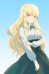 Rule 34 | 1girl, black bow, blonde hair, blue background, blunt bangs, blush, bow, breasts, casual, hair bow, highres, long hair, looking at viewer, medium breasts, navi (ivan), princess connect!, ribbon, saren (princess connect!), saren (real) (princess connect!), shirt, skirt, smile, solo, striped clothes, striped shirt, vertical-striped clothes, vertical-striped shirt, white background, yellow eyes