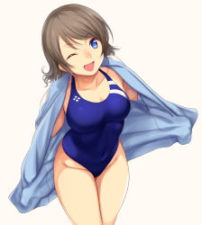 Rule 34 | 10s, 1girl, ass, bent over, blue eyes, blue one-piece swimsuit, breasts, brown hair, competition swimsuit, covered navel, highres, large breasts, looking at viewer, love live!, love live! sunshine!!, navel, one-piece swimsuit, one eye closed, open mouth, serizawa (serizawaroom), short hair, simple background, skin tight, smile, smug, solo, standing, swept bangs, swimsuit, swimsuit under clothes, thighs, watanabe you, white background, wide hips