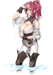 Rule 34 | 1girl, arm up, bare shoulders, blue eyes, boots, breasts, cleavage, cleavage cutout, clothing cutout, collar, detached sleeves, eyepatch, facial scar, fate/grand order, fate (series), francis drake (fate), frilled shirt, frills, highres, in water, large breasts, long hair, looking away, nakuta, pants, parted lips, ponytail, red hair, scar, scar on cheek, scar on face, scar on nose, shirt, simple background, smile, solo, standing, thigh boots, type-moon, wet, white background, white pants, white shirt, wristband