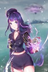 Rule 34 | 1girl, alternate costume, armor, beret, blurry, blurry background, braid, breasts, bridal gauntlets, choker, cleavage, collarbone, commentary, electricity, english commentary, floating, floating object, flower, genshin impact, hat, highres, lightenbee, long face, long hair, looking at viewer, medium breasts, midriff, mole, mole under eye, nail polish, navel, open mouth, purple eyes, purple flower, purple hair, purple hat, purple nails, raiden shogun, shorts, shoulder armor, solo, tassel, vision (genshin impact)