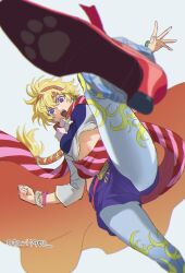 Rule 34 | 1girl, blonde hair, blue shorts, bracelet, breasts, cape, cat (saga), earrings, from below, high heels, indesign, jewelry, looking at viewer, medium breasts, midriff, open mouth, pantyhose, romancing saga 2, saga, short hair, shorts, simple background, skirt, solo, weapon, white background
