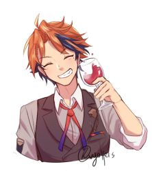 Rule 34 | 1boy, ^ ^, alcohol, artist name, closed eyes, collared shirt, commentary, cup, drinking glass, english commentary, closed eyes, grey shirt, grey vest, head tilt, highres, holding, holding cup, holostars, male focus, mole, mole under eye, multicolored hair, orange hair, purple hair, shirt, smile, solo, streaked hair, upper body, vest, virtual youtuber, vyolfers, white background, wine, wine glass, yukoku roberu