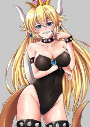 Rule 34 | 1girl, absurdres, aqua eyes, bare shoulders, black leotard, black nails, blonde hair, blue eyes, bowsette, breasts, choker, cleavage, earrings, fingernails, fire, grin, heart, highleg, highleg leotard, highres, horns, index finger raised, jewelry, large breasts, leotard, licking, licking finger, looking at viewer, mario (series), monster girl, nail polish, new super mario bros. u deluxe, nintendo, open mouth, pointy ears, ponytail, sawwei005, sharp fingernails, sharp teeth, shell, sleeveless, smile, sparkle, strapless, strapless leotard, super crown, tail, teeth, tongue, tongue out