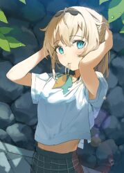 Rule 34 | 1girl, alternate costume, arms up, black skirt, blonde hair, blue eyes, blush, closed mouth, cowboy shot, day, hana mori, hands in hair, hands on own head, hands up, hololive, kazama iroha, leaf, lens flare, long hair, looking at viewer, midriff, mouth hold, outdoors, shirt, short sleeves, skirt, solo, stone wall, string in mouth, virtual youtuber, wall, water drop, white shirt
