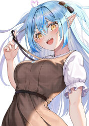 Rule 34 | 1girl, :d, absurdres, ahoge, black bow, blush, bow, breasts, brown dress, commentary request, dress, ebinomi, elf, frilled sleeves, frills, hair bow, hair ornament, heart, heart ahoge, highres, hololive, looking at viewer, medium breasts, open mouth, pinafore dress, pointy ears, puffy short sleeves, puffy sleeves, short sleeves, sidelocks, simple background, sleeveless, sleeveless dress, smile, snowflake hair ornament, solo, two side up, upper body, virtual youtuber, white background, yellow eyes, yukihana lamy, yukihana lamy (casual)