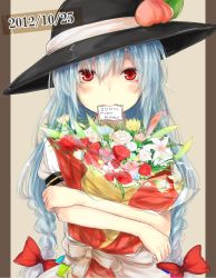 Rule 34 | 1girl, blue hair, blush, bouquet, dated, female focus, flower, food, fruit, happy birthday, hat, hat ribbon, highres, hinanawi tenshi, long hair, looking at viewer, mouth hold, hugging object, peach, pillarboxed, red eyes, ribbon, solo, touhou, upper body, yukima (yushika)