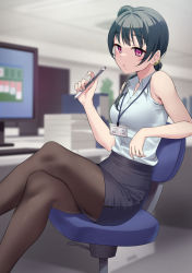 Rule 34 | 1girl, absurdres, armpit crease, bare arms, black skirt, blurry, blurry background, braid, brown pantyhose, chair, collared shirt, crossed legs, elbow rest, green hair, hair over shoulder, hand up, highres, holding, holding pen, id card, indoors, leaning back, love live!, love live! sunshine!!, miniskirt, monitor, office, office chair, office lady, on chair, pantyhose, paper stack, parted lips, pen, pencil skirt, ponytail, red eyes, shirt, shirt tucked in, single braid, sitting, skirt, sleeveless, sleeveless shirt, solitaire, solo, swivel chair, thighs, tsushima yoshiko, white shirt, yamaori (yamaorimon)