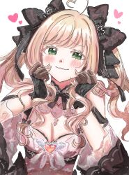 Rule 34 | 1girl, :3, black bow, black dress, black gloves, black ribbon, blush, bow, breasts, brown hair, cleavage, detached sleeves, dress, eyelashes, facing viewer, frilled dress, frills, futomayugorou, gem, gloves, green eyes, hair bow, hair ribbon, heart, heart-shaped pupils, highres, holding, holding own hair, idolmaster, idolmaster cinderella girls, idolmaster cinderella girls starlight stage, lace, lace-trimmed ribbon, lace trim, long hair, looking at viewer, medium breasts, multiple hair bows, official alternate costume, ribbon, sato shin, see-through gloves, smile, solo, swept bangs, symbol-shaped pupils, tareme, twintails, upper body, wavy hair, white background