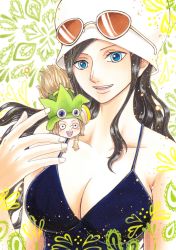 Rule 34 | 1boy, 1girl, :d, black hair, blue eyes, blush stickers, breasts, cleavage, dress, dressrosa, dwarf, eyewear on head, hat, large breasts, leo (one piece), long hair, looking at viewer, nico robin, one piece, open mouth, rio-sa, smile, sunglasses
