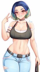 Rule 34 | 1girl, anisdrawn, aqua hair, bare arms, bare shoulders, blue hair, breasts, brown eyes, choker, cleavage, commentary, cowboy shot, creatures (company), crop top, curvy, denim, forehead, game freak, green hair, grin, hand up, highres, jeans, large breasts, looking at viewer, midriff, multicolored hair, navel, nintendo, off-shoulder shirt, off shoulder, pants, perrin (pokemon), pokemon, pokemon sv, shiny skin, shirt, short hair, short sleeves, simple background, smile, solo, standing, stomach, thighs, v, white background, white shirt, wide hips